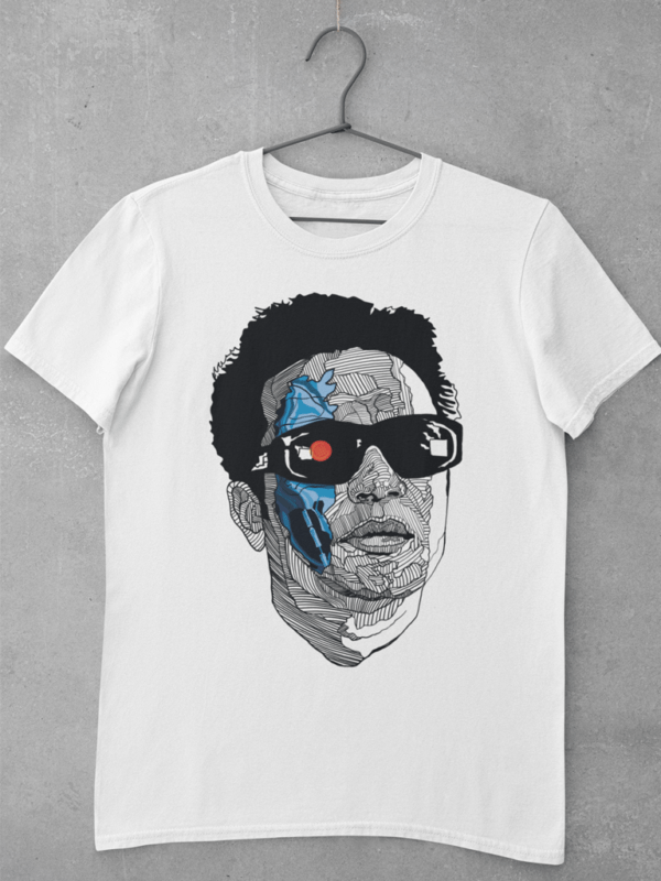 A white Bengali t shirt featuring a large digital print of Uttam Kumar as Terminator, drawn in unique line art style