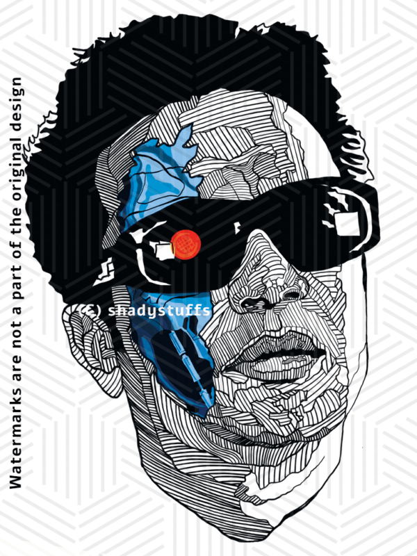 A Bengali t shirt design featuring Uttam Kumar as Terminator, drawn in unique line art style