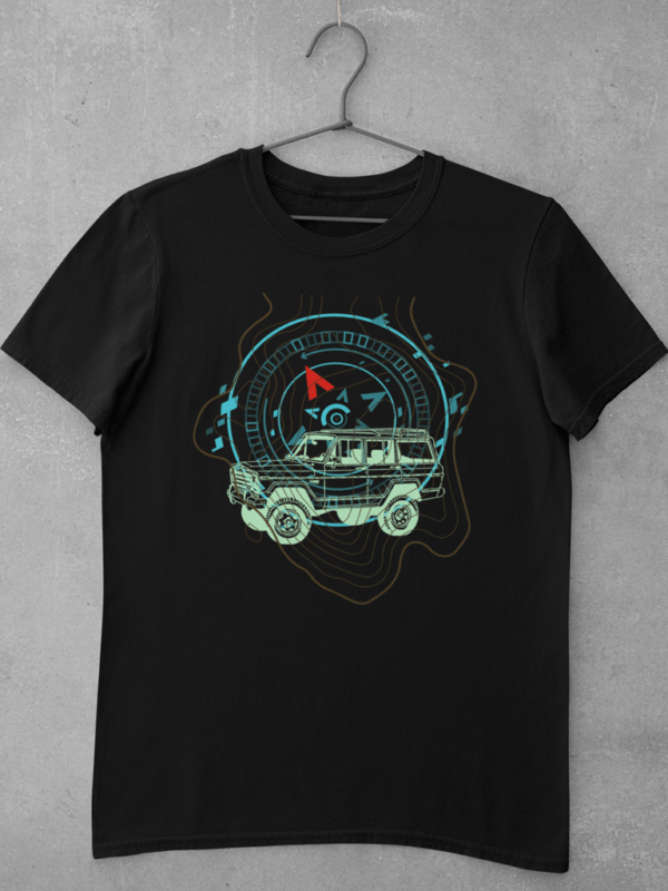 A black car t shirt featuring a large digital print of an off roader and a compass, depicted in unique line art style