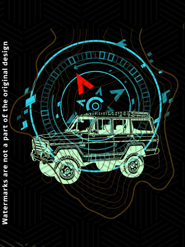 A car t shirt design featuring an off roader and a compass, depicted in unique line art style