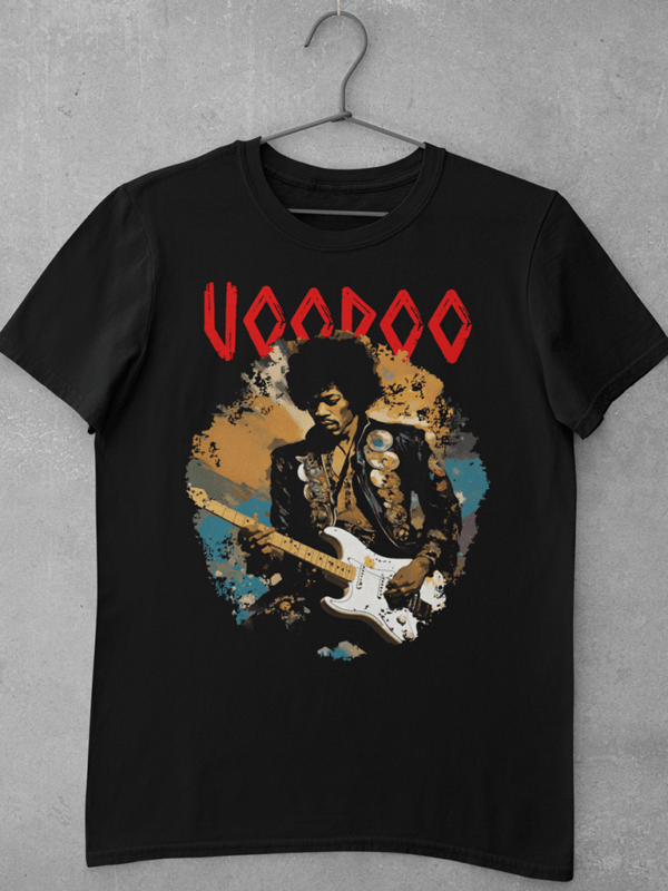 A black Jimi Hendrix t shirt featuring a large digital print of an original artwork Jimi Hendrix playing his guitar