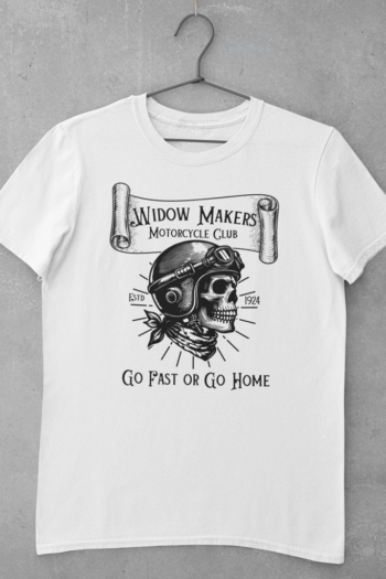 Widow Makers - rude biker t shirt featuring a biker skull and vintage aesthetics