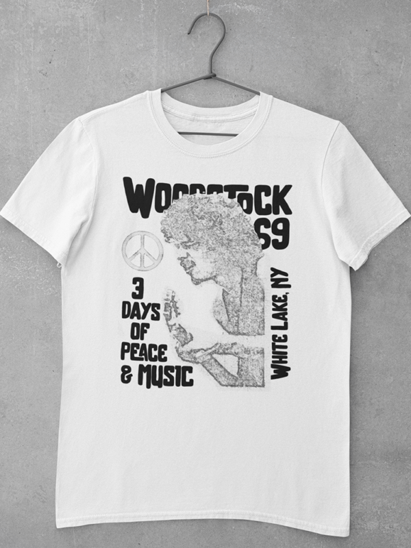 A white Santana t shirt featuring a large digital print of an original sketch of Carlos Santana at Woodstock '69