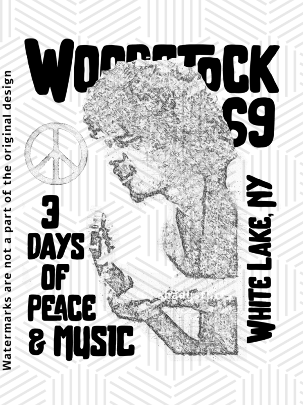 A Santana t shirt design featuring an original sketch of Carlos Santana performing at Woodstock '69